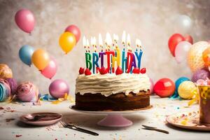 un' compleanno torta con candele su esso è circondato di palloncini. ai-generato foto