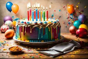un' compleanno torta con colorato candele e palloncini. ai-generato foto