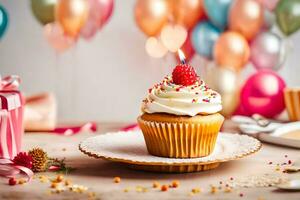 un' Cupcake con un' candela su superiore e palloncini. ai-generato foto