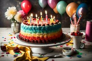 un' compleanno torta con candele e palloncini. ai-generato foto