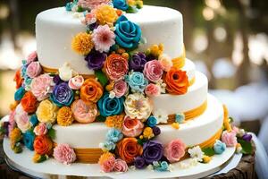 un' tre stanco torta con colorato fiori su superiore. ai-generato foto