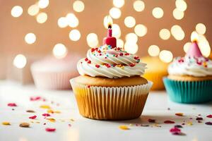 un' Cupcake con un' candela su superiore e coriandoli. ai-generato foto