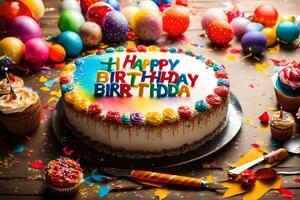 un' compleanno torta con colorato glassatura e coriandoli. ai-generato foto