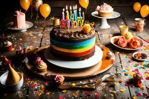 un' compleanno torta con candele su superiore. ai-generato foto