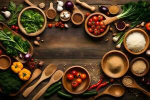 un' di legno tavolo con molti diverso tipi di verdure e spezie. ai-generato foto