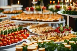 un' buffet tavolo con molti diverso tipi di cibo. ai-generato foto