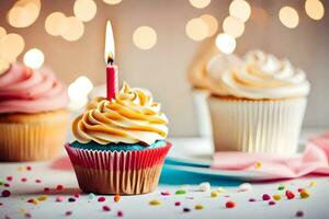 un' Cupcake con un' singolo candela su esso. ai-generato foto