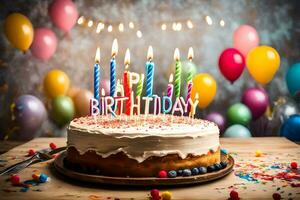 un' compleanno torta con candele su superiore e palloncini. ai-generato foto
