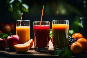 tre bicchieri di succo con arance, mele e frutti di bosco. ai-generato foto