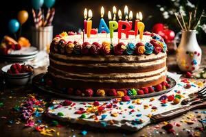 un' compleanno torta con candele e colorato coriandoli. ai-generato foto