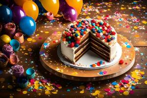 un' compleanno torta con un' fetta prese fuori. ai-generato foto