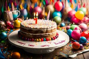 un' compleanno torta con candele e un' numero uno. ai-generato foto
