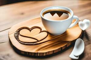 caffè e un' cuore su un' di legno vassoio. ai-generato foto