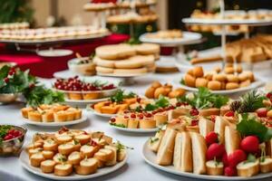 un' buffet tavolo con molti diverso tipi di cibo. ai-generato foto