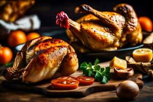 arrostito pollo su un' di legno taglio tavola con verdure. ai-generato foto