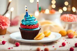 un' Cupcake con un' compleanno candela su esso. ai-generato foto