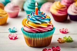 un' Cupcake con un' candela su superiore. ai-generato foto