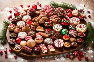 un' grande piatto di Natale biscotti e caramelle. ai-generato foto
