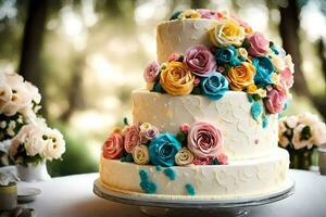 un' tre stanco torta con colorato fiori su superiore. ai-generato foto