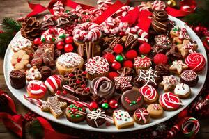 Natale dolce piatto con Natale biscotti e caramelle. ai-generato foto