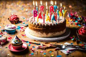 un' compleanno torta con colorato candele e coriandoli. ai-generato foto
