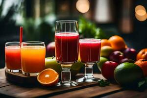 un' tavolo con frutta e succo. ai-generato foto