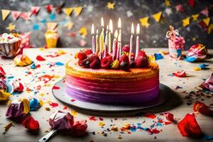 un' compleanno torta con candele su esso. ai-generato foto