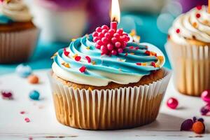 un' Cupcake con un' blu glassa e un' singolo candela. ai-generato foto