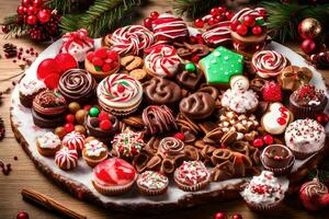 Natale biscotti e cupcakes su un' piatto. ai-generato foto