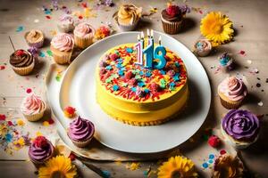 un' compleanno torta con candele e spruzzatori. ai-generato foto