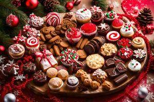 Natale biscotti e torte su un' di legno piatto. ai-generato foto