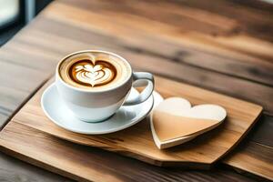 un' tazza di caffè con cuore forma su un' di legno tavolo. ai-generato foto