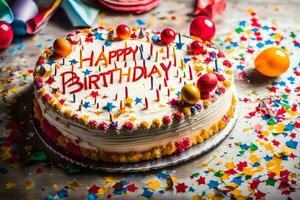 un' compleanno torta con candele e coriandoli è mostrato. ai-generato foto