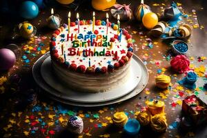 un' compleanno torta con candele e coriandoli. ai-generato foto