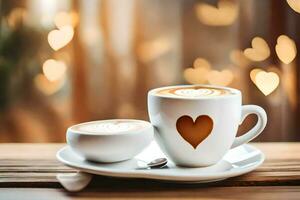 caffè e cuore sagomato latte macchiato su un' di legno tavolo. ai-generato foto