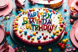 un' compleanno torta con colorato coriandoli e colorato lettere. ai-generato foto