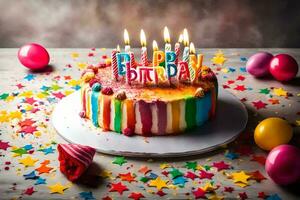 un' compleanno torta con colorato candele su superiore. ai-generato foto