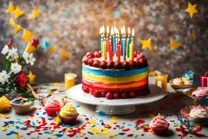 un' compleanno torta con colorato candele su superiore. ai-generato foto