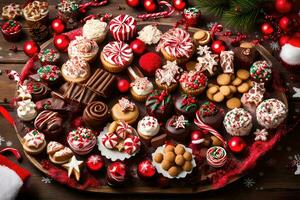 Natale biscotti e dolci su un' di legno tavolo. ai-generato foto