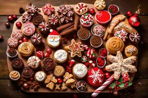 Natale biscotti e torte su un' di legno tavolo. ai-generato foto