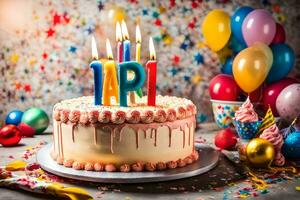 un' compleanno torta con candele su esso e palloncini. ai-generato foto