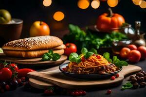 spaghetti con Polpette e pomodori su un' di legno tavola. ai-generato foto