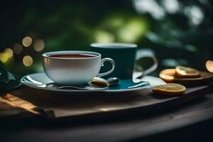 un' tazza di tè e un' fetta di Limone su un' di legno tavolo. ai-generato foto