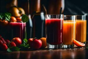 succo e frutta nel bicchieri su un' tavolo. ai-generato foto