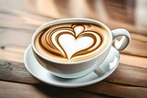 un' tazza di caffè con cuore sagomato latte macchiato arte su un' di legno tavolo. ai-generato foto