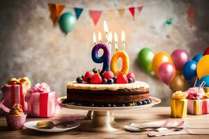 un' compleanno torta con candele su esso e un' numero 90 su esso. ai-generato foto