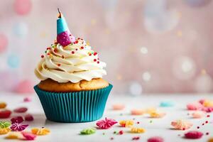 un' Cupcake con un' candela su superiore. ai-generato foto