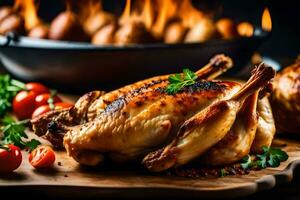 pollo su un' di legno tavola con verdure e un' padella. ai-generato foto