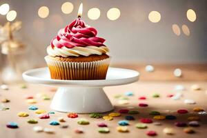 un' Cupcake con un' candela su un' bianca torta In piedi. ai-generato foto