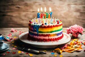 un' compleanno torta con candele su esso. ai-generato foto